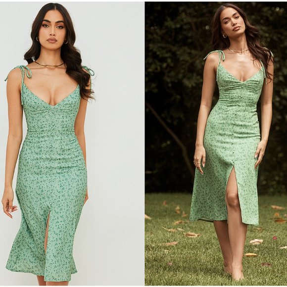 HOUSE OF CB 'Cornelia' Green Tonal Floral Midi Dress NWOT - Picture 3 of 11